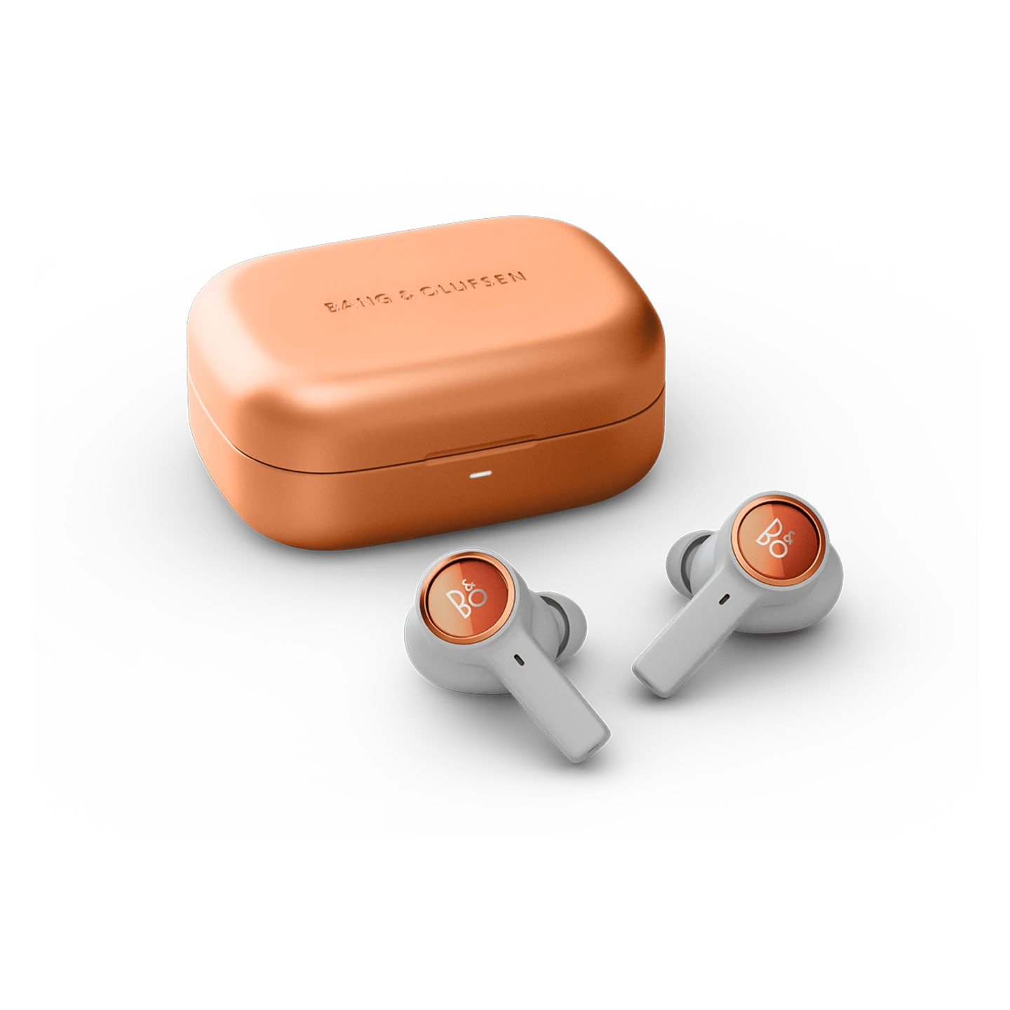 Super Easy Eleven charging case and earbuds Copper Tone placed next to each other